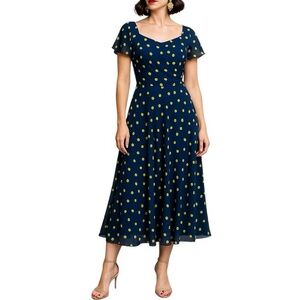 Jacques Vert Polka Dot Chiffon Midi Dress 6 Navy Blue Chartreuse Draped Flowy
